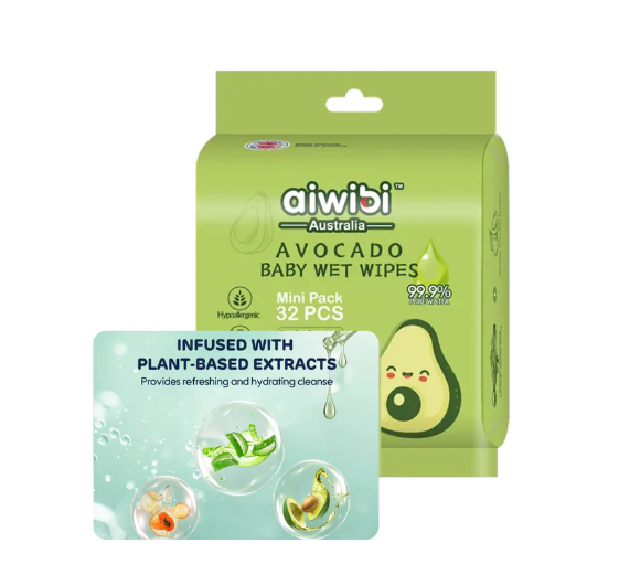 AIWIBI Avocado Minipack Water Wet Wipes 4 Packs 32 Sheets